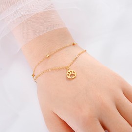 Paw Print Disc Layering Bracelet Anklet for Women Girls Stainless Steel Minimalist Adjustable Cat Dog Animal Double Layered Beaded Foot Chain Anklets Bracelets Cute Initial Birthday Jewelry (Gold)