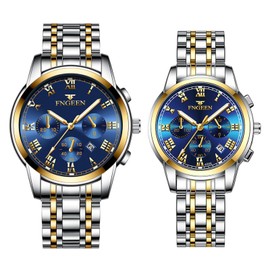 Aroncent Valentines Couple Pair Watches: His and Hers Waterproof Watches with Three Eyes Roman Numerals Dial Calendar Luminous Hands - Quartz Analog Wristwatches for Men and Women - Gold Blue