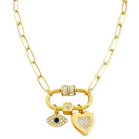 14k Gold-Plated Carabiner Charm Necklace, Crystal Heart and Evil Eye Charms Included, 45.7cm with 5cm extension, with Gift Box included
