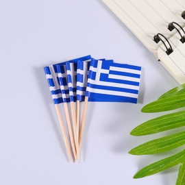 Woodsy Decor 100pcs Greece Flag Greek Cupcake Toppers Picks Wooden Mini Stick Toothpick Flags Cocktail Picks Desert Fruit Picks for World Country Sports Party Pizza Toppings