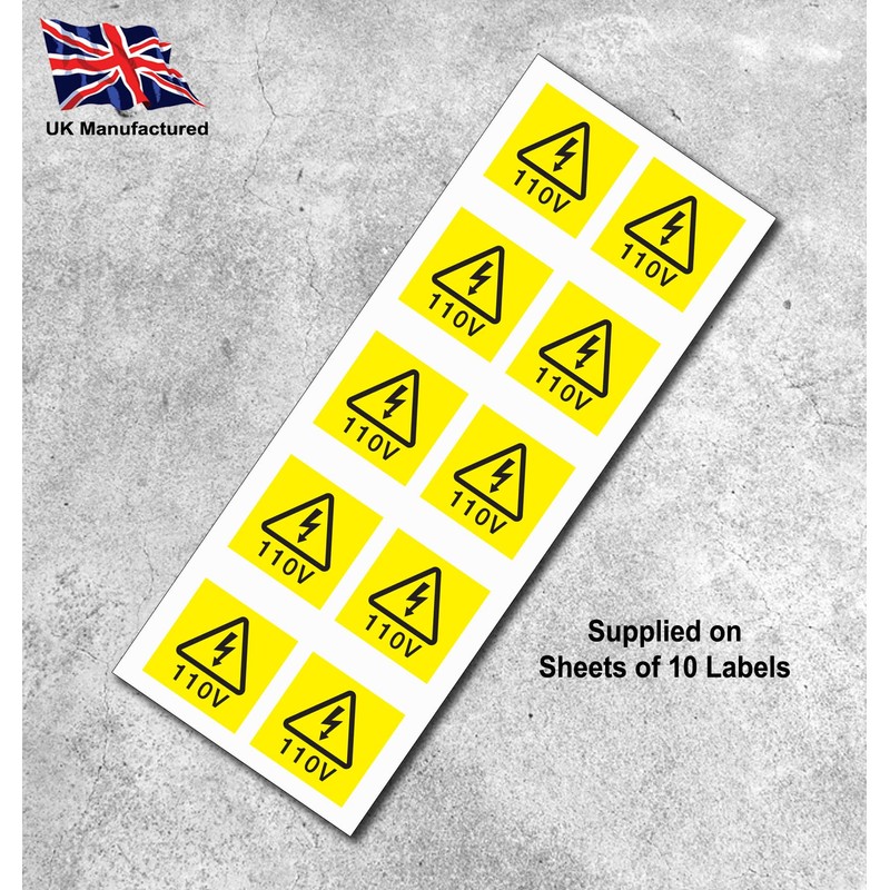 110V Warning Flash Labels - 19mm x 19mm Permanent Synthetic