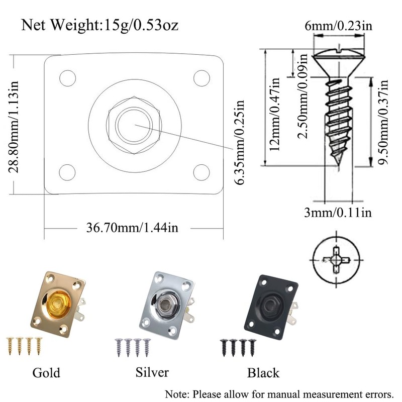 Rectangular Jack Plate for Electric Guitar Bass Black Output Socket