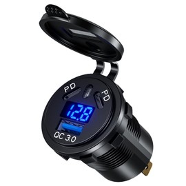 Dual PD 3.0 USB Car Socket Car Charger, Dual 45W PD Type C & 18W QC3.0 12V USB Socket with Switch and Voltmeter, Quick Charge, Waterproof for Car, Boat, Motorcycle, Marine RV