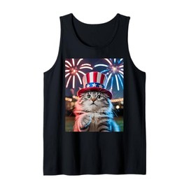 4th of July Cat Selfie Uncle Sam Hat Fireworks Funny Patriot Tank Top
