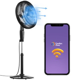 Comfort Zone Smart WiFi Oscillating Stand Fan, 18 inch, 3 Speed, Wall-Mountable, Voice Control, Full-Function Timer, Adjustable Stand up to 53 inches, Tri-Curve Technology to Reduce Noise, CZST180SBK