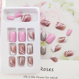 Short Fake Nails Square Press on Nails Short Acrylic Nails Full Cover False Nails with French Lines Glitter Sequins Designs Glossy Glue on Nails for Women 24 Pcs