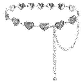 HIQUACC Western Metal Concho Chain Belt for Women Boho Chain Belt Cowgirl Waist Belt for Dresses Jeans (Heart Silver-L)