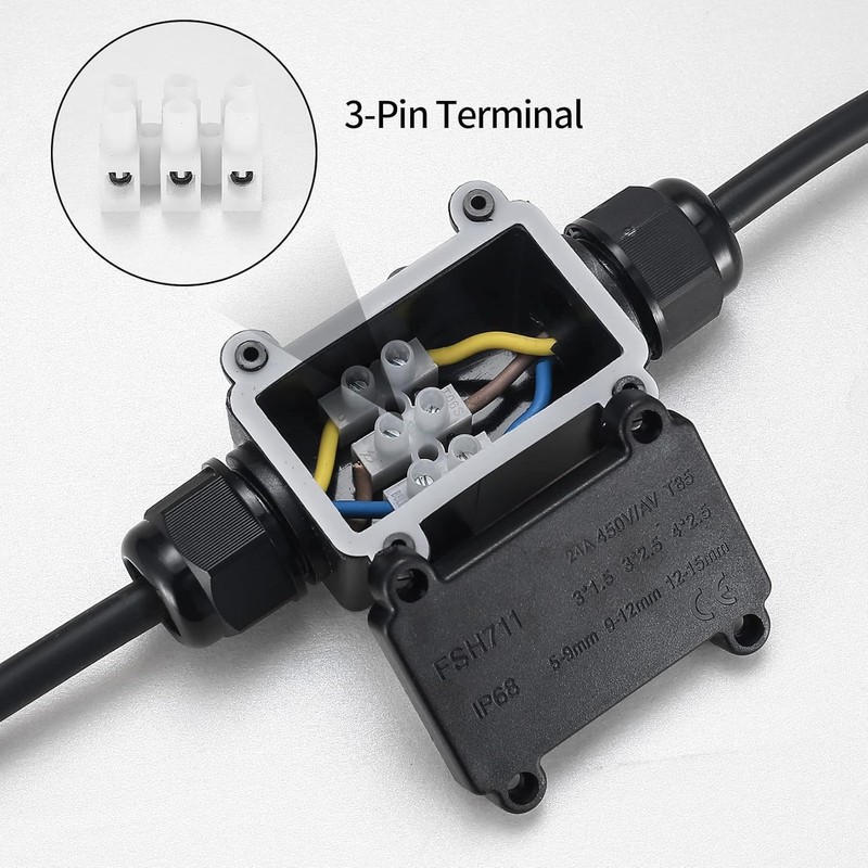 IP68 Waterproof Junction Box, 2 Way Cable Connector, External Junction