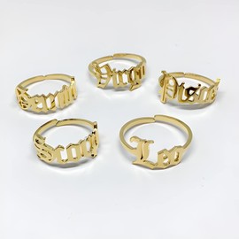 Retro Old English Gold Star Sign Ring - Aquarius (20th January - 18th February) - Zodiac Constellation Horoscope Celestial Astrology Jewellery - Women Men Gift