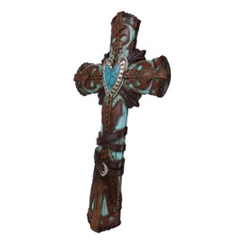 Ebros Gift Rustic Western Faux Leather Aztec Boot Design With Turquoise Stone Heart Wall Cross Decor Plaque Figurine Inspirational Accent
