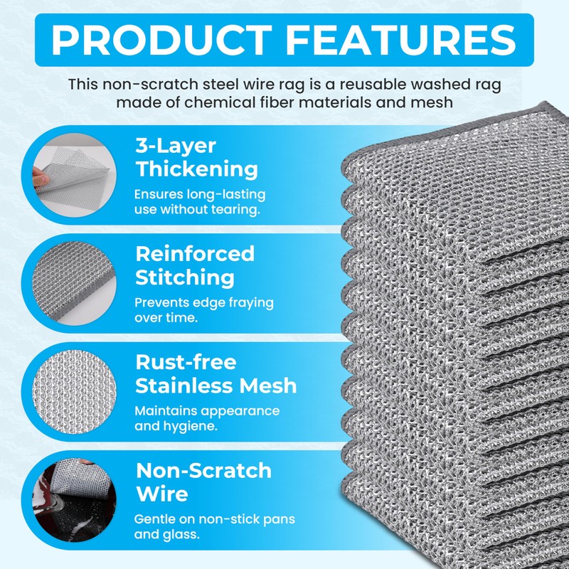 11 PCS Upgraded 3-Layer Non-Scratch Wire Dishcloths – Steel Wire