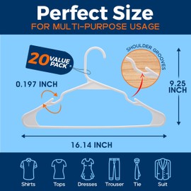 Premium Clothes Hangers – Space-Saving Slim Design, Lightweight and Durable Plastic with Smart Shoulder Grooves, Versatile Usage for Organizing Laundry, Coats, and Clothes, White, Pack of 20