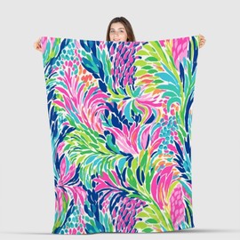 Tropical Botanical Throw Blanket – Soft Flannel Fleece Blanket 50x60 Inch – Bright Pink Green Blue Abstract Leaf Pattern – Cozy Lightweight Blanket for Couch, Bed, or Dorm Room