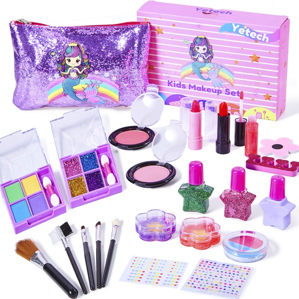 Yetech Children's Make-Up Set Girls, Washable & Safe Make-Up Toy, 23 Pieces Makeup Set Toy with Mermaid Bag, Christmas Party Gifts for Children