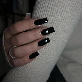 KQueenest Glossy Black Press on Nails Long Medium Square, Pure Color Coffin Fake Nails Press ons, Press on Acrylic Nails Natural, Thick Glue on Nails for Women DIY Salon Manicure Nail Art Design