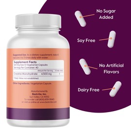 BESTVITE BESTVITE Creatine Monohydrate 750mg (240 Vegetarian Capsules) - Micronized - No Stearates - Vegan - Non GMO - No Gelatin - Gluten Free - Creatine Capsules