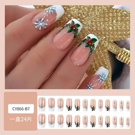 Christmas Press on Nails Medium Square Fake Nails with Holly Design Snowflakes Glue on Nails White French tips Stick on Nails Glossy Reusable Winter Xmas False Nails for Women Girls Holiday Manicure