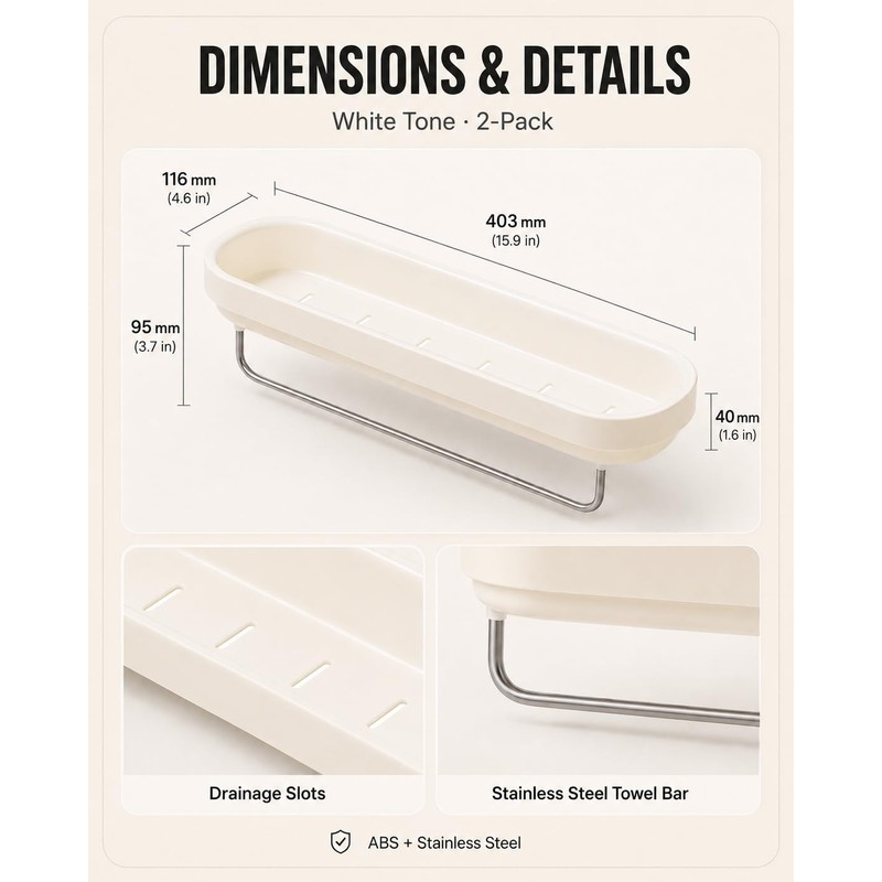 Adhesive Shower Caddy 2-Pack, Shower Shelves with Towel Bar, Cream