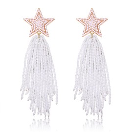 Star Tassel Earrings Long Beaded Star Tassel Drop Dangle Earrings Bohemian Statement Fringe Earrings Cowgirl Country Concert Outfit Party Jewelry(White)
