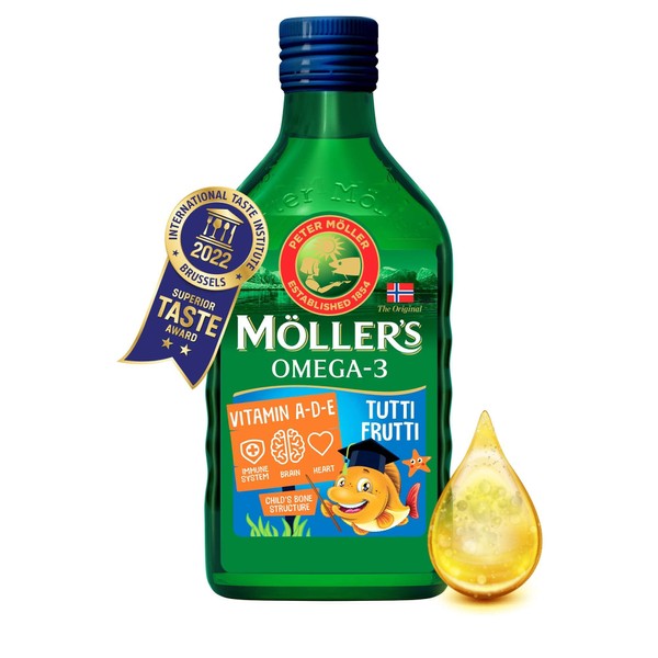 Moller’s ® | Omega 3 for kids Cod Liver Oil | Nordic Omega-3 Dietary Supplements with EPA, DHA, Vitamin A, D & E | Pure, Natural cod Liver Oil Liquid | 166-year-old-brand | Tutti Frutti Taste | 250 ml