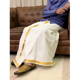 Cotton Dhoti Vesti Mundu 2 mtrs Color crema de una sola capa con borde zari dorado, 2 metros, Large