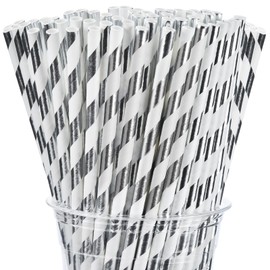 ALINK 100 Silver and White Striped Paper Straws, Biodegradable Disposable Drinking Straws for Christmas, Brithday, New Year, Party Decoration Supplies