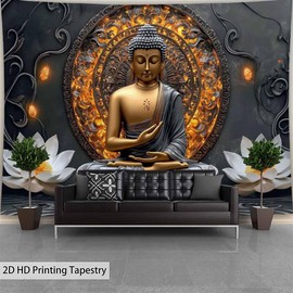 FENDROM Sitting Golden Buddha Tapestry Wall Hanging Buddhist Statue Tapestries White Lotus Meditation Wall Decor Zen Art Psychedelic Indian Wall Blanket for Bedroom Living Room Home Decor