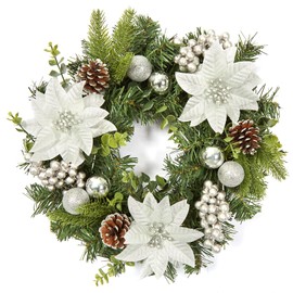 LinTimes 16 Inch Christmas Wreath for Front Door, 40cm Silver Artificial Wreaths with Xmas Baubles, Xmas Flowers, Berries and Pine Cones for Fireplace Wall Window Door Christmas Outside Decoration