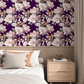 FunStick Dark Purple Floral Wallpaper Peel and Stick Vintage Pink Purple Peony Wallpaper Removable Self Adhesive Wall Paper Decorative Purple Floral Contact Paper for Cabinets Bedroom Walls 17.5"x118"
