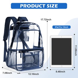 WEPOET Clear Backpack For Women Men, Heavy Duty Transparent See Through Backpack, Waterproof Clear bookbag, Plastic Backpacks For School,Stadium Events,Travel,Festival,Work,Concert(Blue)