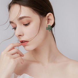 EVER FAITH St. Patrick's Day Lucky Three Leaf Clover Pierced Stud Earring, Heart-Shaped Crystal Green Celtic Knot Earring Irish Holiday Jewelry Gift for Women