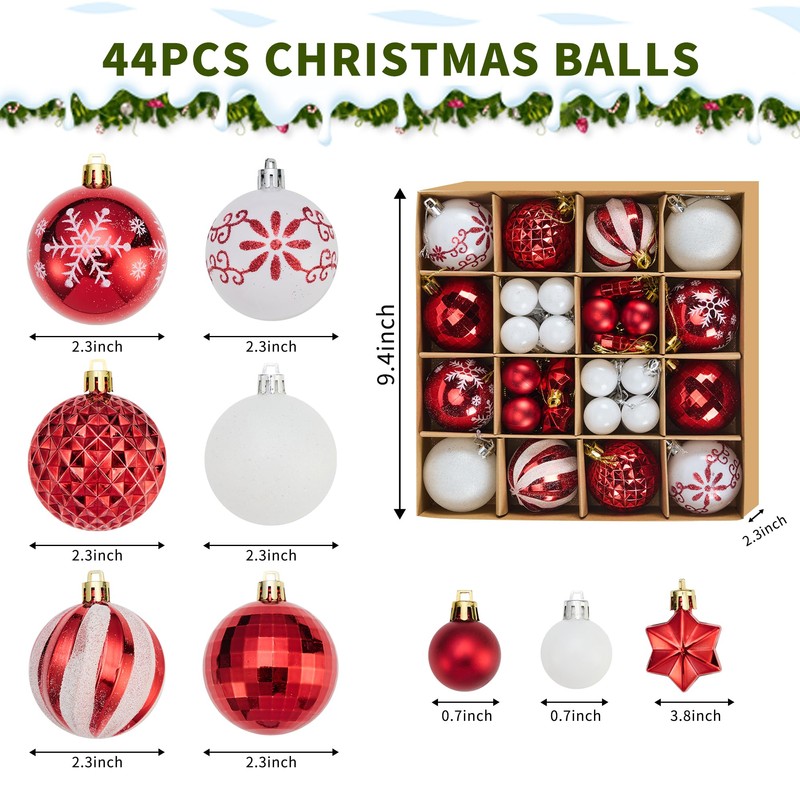 44 Pcs Christmas Tree Baubles White and Red Christmas Tree