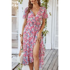 PRETTYGARDEN Women's Summer Floral Boho Dress Wrap V Neck Short Sleeve Ruffle A-Line Flowy Maxi Wedding Guest Dresses (Pink Floral,X-Large)