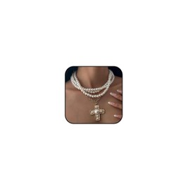 Chunky Cross Necklace for Women Chunky Pearl Cross Necklaces Statement Necklace for Women Layering Christian Gifts Easter Basket Essentials