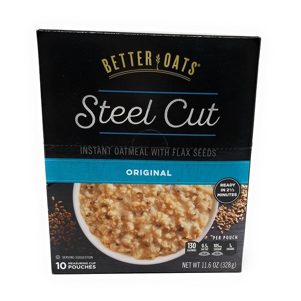 Better Oats Original Steel Cut Instant Oatmeal with Flax - 3 Pack with 10 pouches each