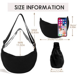 ZENGSING Women's Cord Crossbody Bag, Half Moon Bag, Shoulder Bag, Women's Crescent Moon Bag, Shoulder Bag with Shoulder Strap, Adjustable Casual Shoulder Bag Made of Corduroy for Any Occasion, black