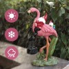 Solar Powered Pink Flamingo Garden Sculpture with Gnomes, Handcrafted Resin