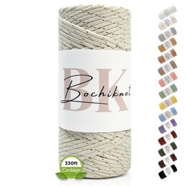 BOCHIKNOT Braided Macrame Cord 4mm x 109yds - Braided Rope for Macrame Wall Hanging Plant Hanger - 4mm Braided Macrame Cord - Cotton Macrame Cord for Crafts - 4mm Macrame Cord Braided (Natural & Gold)