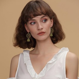 unixmoment Bohemian Vintage Copper Geometry Circle Dangle Drop Earrings Retro Hollow Round Hook Earrings For Women (Bronze)