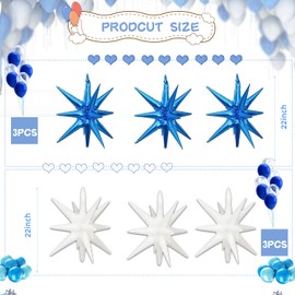 6 Pcs Star Foil Balloons One-Piece 14-Pointed Star Balloons 4D Starburst Cone Mylar Balloons 22inch Christmas Birthday Wedding Wedding Anniversary Party Supplies(White + Blue)