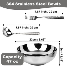 LANGMINGDE 304 Stainless Steel Pasta Bowls, 47oz Double Walled Insulated Soup & Salad Bowls Unbreakable, 8.7" Large Cereal/Ramen/Udon/Noodle/Pho Bowl Plates with Spoons & Forks, Dishwasher Safe