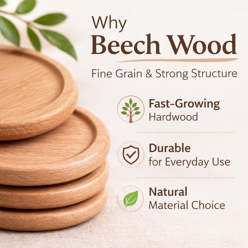 Beech Wood Coasters Set of 4, Natural Wooden Drink Coasters