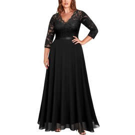 Miusol Women's Formal Floral Lace V Neck Plus Size Bridesmaid Party Maxi Dress Black