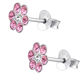 Crystal Flower Stud Earrings 925 Sterling Silver Children Girls, Silver