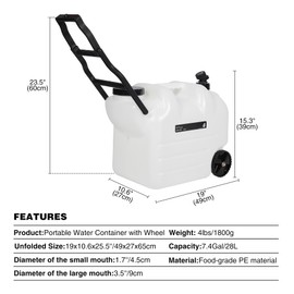 REDCAMP 7.4 Gal Portable Water Container with Wheels & Spigot - BPA-Free Rolling Camping Water Jug with Handle Storage Tank for Hiking, Outdoor Activities (28L, White)