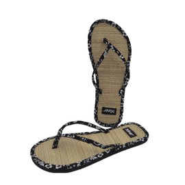 Elegant Slippers Women Summer Caribbean Pattern Bamboo Bottom Flip Flops Anti Slip Sweat Fresh Flip Flops Straw Rubber Sole for Sea, Beach, Garden, Black, 5 UK