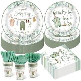 350pcs Greenery Baby Shower Decorations for 50 Guests Include Disposable Paper Plates, Napkins, Cups and Plastic Cutlery for Boy