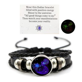 Aktully Aquarius Zodiac Signs Spirit Bracelet, Adjustable 12 Constellation Bracelet, Multilayer Black Leather Bracelets, Birthday Jewelry Gifts for Women Men