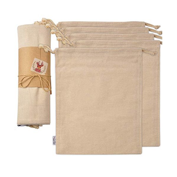 Organic Cotton‌ ‌Produce‌ ‌Bags,‌ 5 Pcs. ‌Large,‌ Organic, and ‌Reusable‌ ‌Canvas‌ ‌Muslin‌ ‌‌‌Drawstring‌ ‌‌Sack‌ ‌for‌ Organizing, ‌Shopping,‌ Storage,‌ ‌Grocery,‌ Dust Cover, and ‌Gift