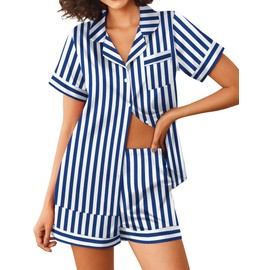 Ekouaer Womens Silk Satin Pajamas Sets 2 Piece Short Sleeve Sleepwear Button Down Top and Shorts Pjs Lounge Wear Sets,Navy Striped,S